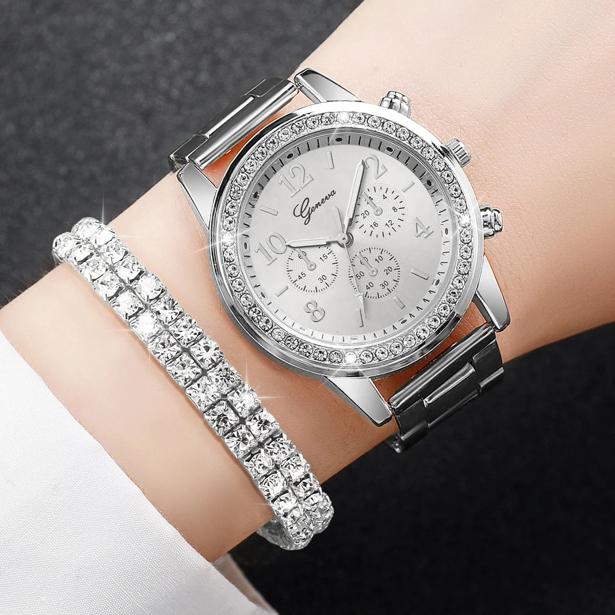 Women’s Silver Stainless Steel Quartz Watch with Diamond Bracelet