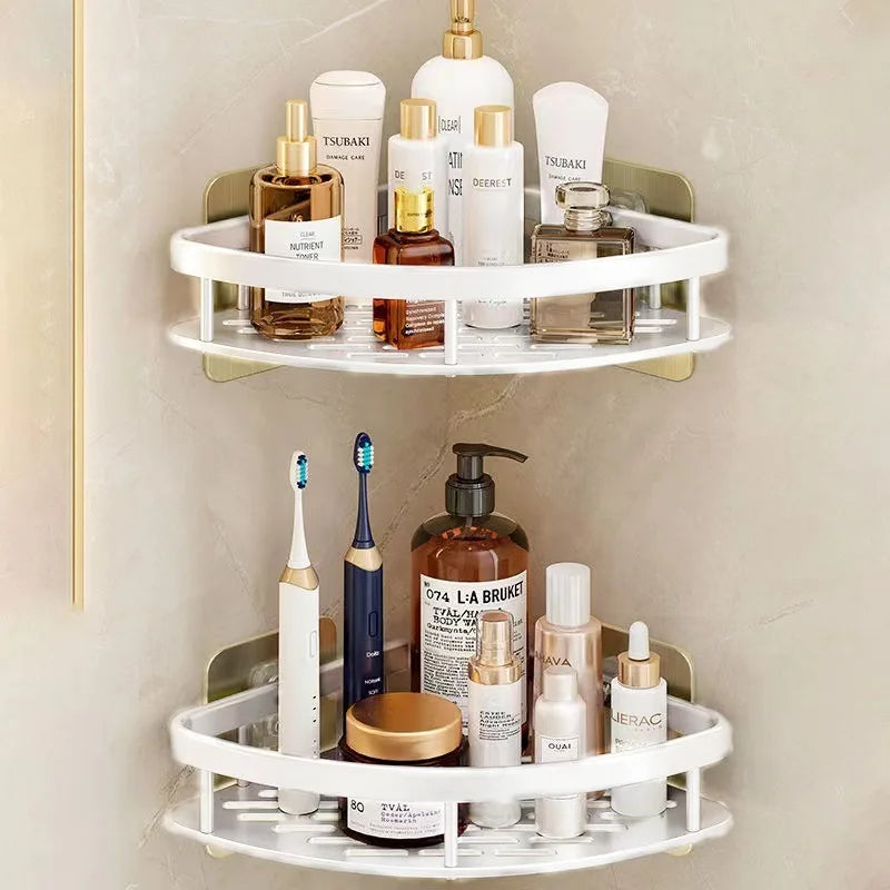 White No-Drill Triangular Bathroom Corner Storage Rack