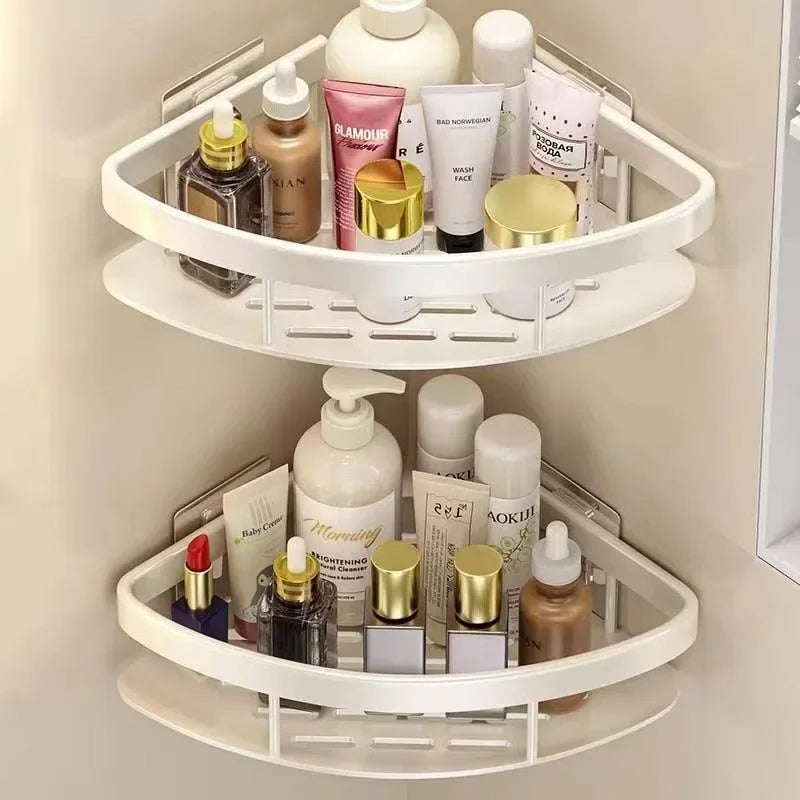 White No-Drill Triangular Bathroom Corner Storage Rack
