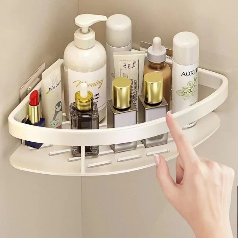White No-Drill Triangular Bathroom Corner Storage Rack