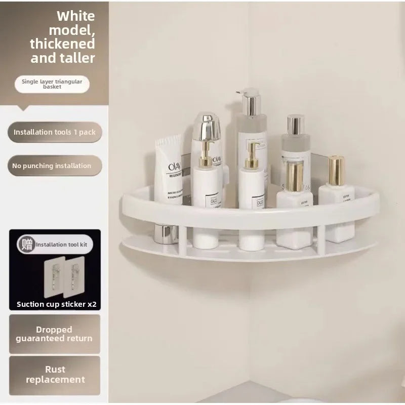 White No-Drill Triangular Bathroom Corner Storage Rack