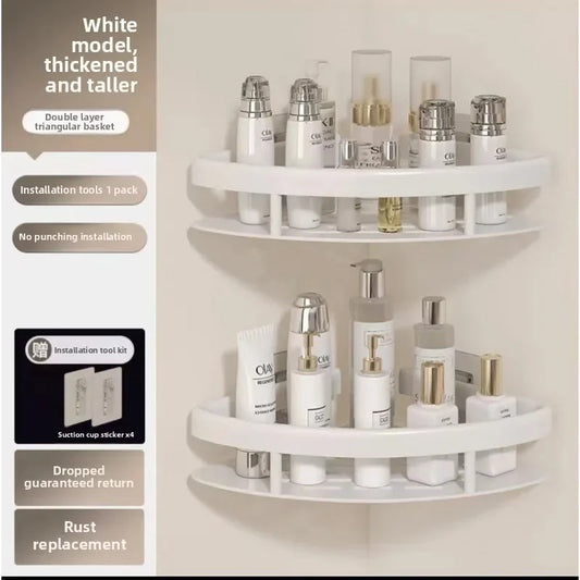 White No-Drill Triangular Bathroom Corner Storage Rack